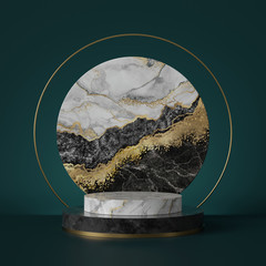 Poster - 3d render, abstract green background with black white marble texture, gold foil. cylinder pedestal, 