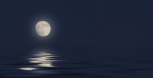 Full Moon In The Sky On A Dark Blue Background Reflection In The Sea Ocean Water. 3D Illustration 3D Render