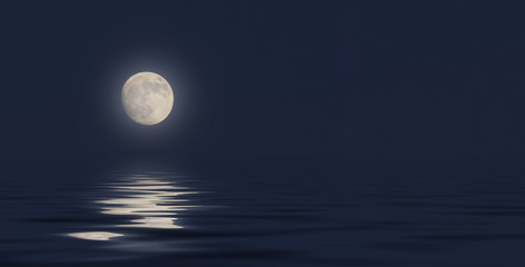 full moon in the sky on a dark blue background reflection in the sea ocean water. 3d illustration 3d