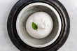 burrata cheese with basil leave top view, white background, copy space