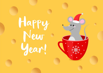  Happy new year card. Mouse Symbol of new year  in red santas hat sitting in red winter mug on cheese yellow background
