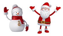 3d Snowman And Santa Claus. Christmas Clip Art Set Isolated On White Background. Festive Ornaments. Cute Cartoon Characters. Holiday Icons, Seasonal Decor Elements.