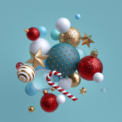 3d Christmas ornaments levitating. Red blue white glass balls, candy cane, golden stars isolated on blue background. Arrangement of levitating objects. Winter holiday clip art.