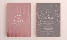 Beautiful Set Of Wedding Card Templates. Gold Collection Of Geometrical Polyhedron, Art Deco Style For Wedding Invitation, Luxury Templates, Decorative Patterns.