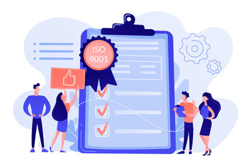 Poster - Tiny business people like standard for quality control. Standard for quality control, ISO 9001 standard, international certification concept. Pink coral blue vector isolated illustration