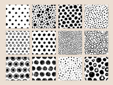 Circle Ink Brush Strokes Vector Seamless Patterns Set. Black Charcoal Scribbles And Spots Textures.