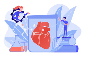 Poster - Scientists growing big heart in test tube in laboratory. Lab-grown organs, bioartificial organs and artificial organ concept on white background. Pinkish coral bluevector isolated illustration