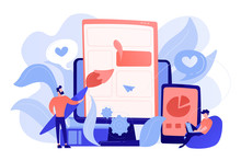 People Drawing Web Page Elements On The Smartphone And LCD Screen. Front End Development It Concept. Software Development Process. Pinkish Coral Blue Palette. Vector Illustration On White Background