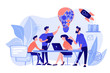 Business team brainstorm idea and lightbulb from jigsaw. Working team collaboration, enterprise cooperation, colleagues mutual assistance concept. Pinkish coral bluevector isolated illustration