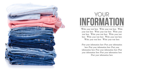 Poster - Stack blue jeans and clothes hoodie on white background isolation, space for text