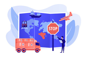 Poster - Banned products transportation, smuggling. Embargo regulation, sanctions goods, limited importation exportation of goods concept. Pinkish coral bluevector isolated illustration
