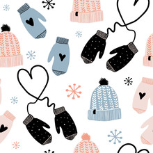 Cute Winter Vector Seamless Pattern With Hats, Mittens, Snowflakes And Hearts. Merry Xmas, New Year Pattern. Winter Cartoon Christmas Icons And Elements
