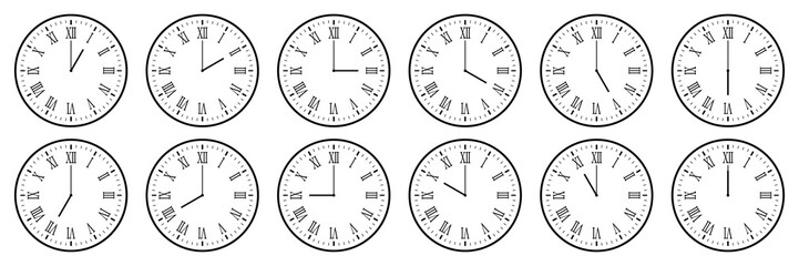 Wall Mural - horizontal set of analog clock icon with roman numeral notifying each hour isolated on white,vector 
