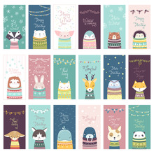 Christmas Vector Card With Cute Animals. 18 Poster With Charming Objects In Cozy Sweaters, In Pastel Colors. Minimalistic Flat Illustration In Scandinavian Style