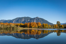 The Calm, Still Waters Of A Large Pond Near Snoqualmie, Washington, Reflect The Beautiful Fall Colors Of Shoreline Trees And Mt. Si In The Distant Background. 16 X 9 Crop.