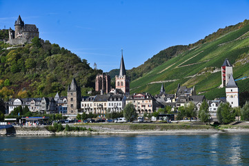 Panoramic View of German Town with Central Church between Two Hills with Castle and Vineyards in Wachau Valley on the Danube River Germany