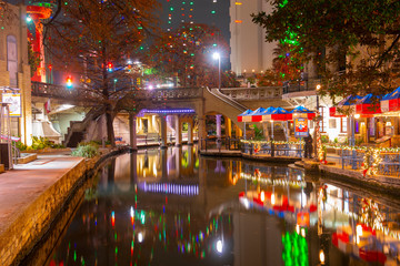 San Antonio River Walk near Alamo between E Crockett St and E Commerce St in downtown San Antonio, Texas, USA.