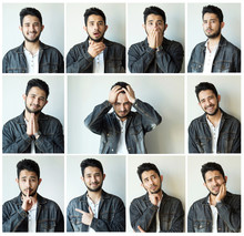 Collage Of Man With Different Facial Expressions And Gestures Isolated On Gray Background. Set Of Multiple Images