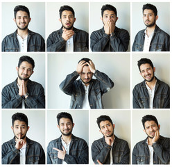 Collage of man with different facial expressions and gestures isolated on gray background. Set of multiple images