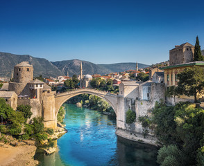 Wall Mural - Aerial view on the medieval bridge of Mostar