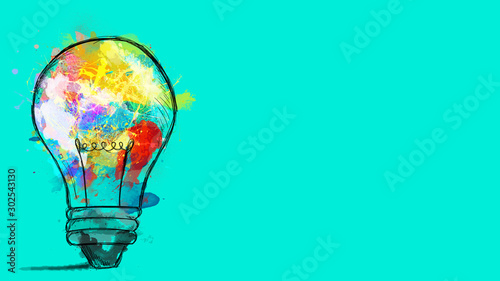 Big stylized light bulb on cyan background drawn with splashes of colored paint Poster Mural XXL