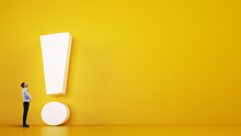 Small Business Man Looks At A Big White Exclamation Mark On A Yellow Background. 3D Rendering