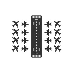 Wall Mural - Takeoff and landing airplanes set. Runway with jet aircraft top view. Airport elements top view. Instrument landing system scheme. Vector airport symbol and background.