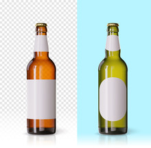 Wheat Beer Ads, Realistic Vector Beer Bottle With Attractive Beer And Ingredients On Background. Bottle Beer Brand Concept On Backgrounds, With Different Mock Ups And Caps. Set Of Bottles