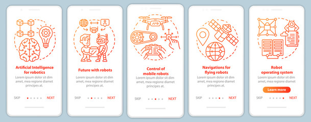 Robotics courses onboarding mobile app page screen vector template. Learning robot control. Walkthrough website steps with linear illustrations. UX, UI, GUI smartphone interface concept