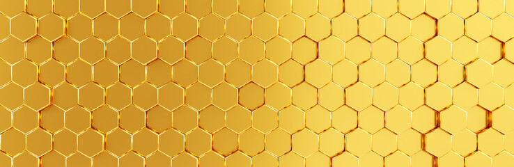 Fototapete - Golden hexagon cell tiling on the luxury decoration with financial business concept. Cryptocurrency block chain system of future banking technology. 3D rendering. Abstract golden hexagonal background