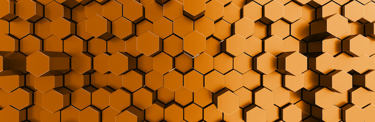 Fototapete - Network connection with financial business concept. Cryptocurrency block chain system of future banking technology. 3d rendering. Glossy surface. Futuristic surface with golden hexagons. Big data