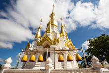 Golden And White Pagoda At Wat Tham Khuha Sawan Temple, Ubon Ratchathani Province, Thailand