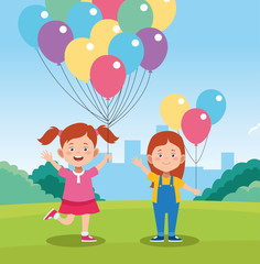 Poster - happy children day design with cartoon happy kids and colorful balloons