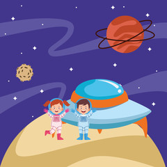 Canvas Print - cartoon astronauts kids and flying saucer in the space with planets