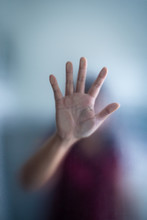 Blurry Woman Hand Behind Frosted Glass Metaphor Panic And Negative Dark Emotional