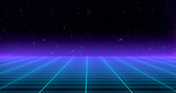 Fototapeta Przestrzenne - Retro Sci-Fi Background Futuristic Grid landscape of the 80`s. Abstract Digital Cyber Surface. Design in the style of the 1980`s. 3D illustration