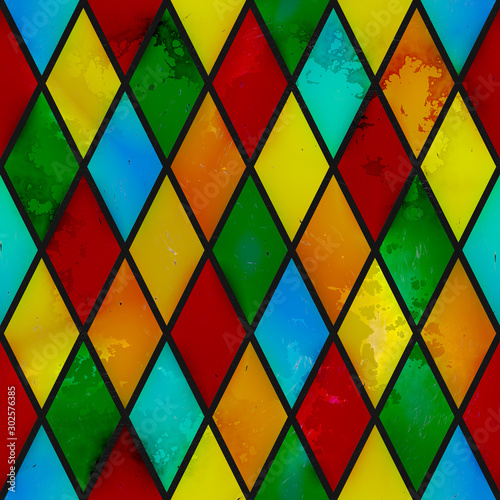 Tapeta ścienna na wymiar Stained glass seamless texture, colored grunge with rhombus pattern, 3d illustration