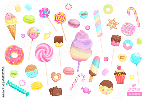 Cuadros en Lienzo Big set isolated sweets on white background-ice cream,candy,macaroon,cupcake,lollipop,caramel,marmalade