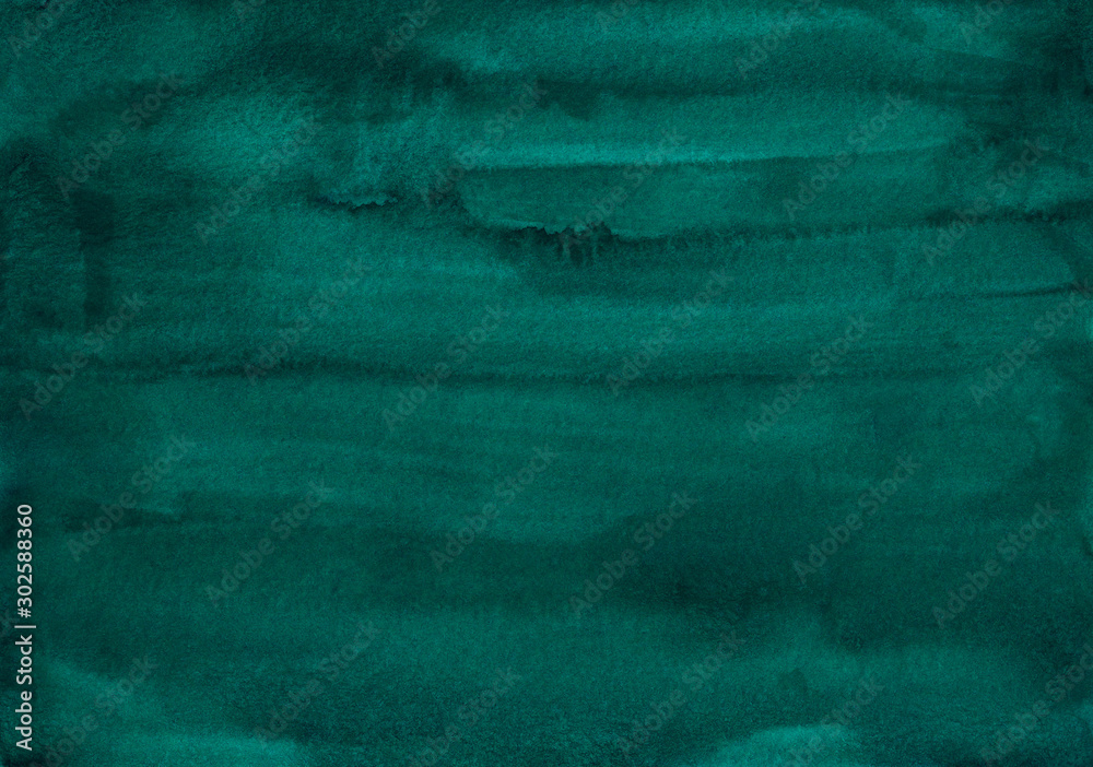 Watercolor dark emerald background texture. Aquarelle abstract sea green backdrop. - obrazy, fototapety, plakaty 