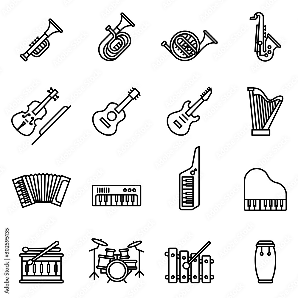 Music instrument icons set with white background. Thin Line Style stock ...