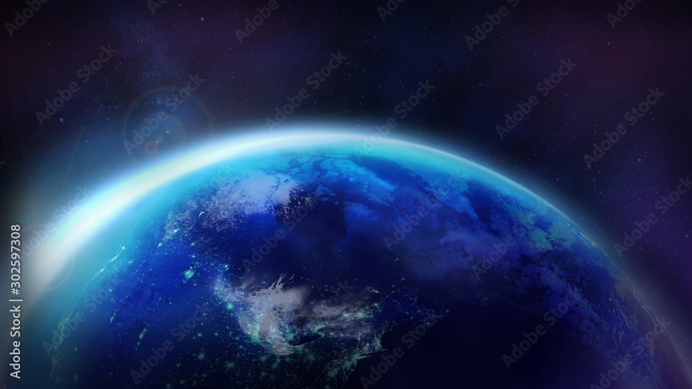 Dawn over the planet Earth. The night half of the Globe. - obrazy, fototapety, plakaty 