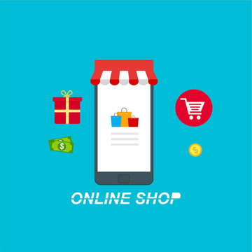 smartphone with Online Shopping. Modern flat design concept of web page design for website and mobile website. Easy to edit and customize. Flat vector illustration.