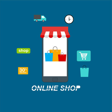 smartphone with Online Shopping. Modern flat design concept of web page design for website and mobile website. Easy to edit and customize. Flat vector illustration.