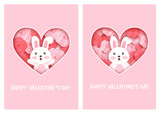 Fototapeta Kwiaty - set of valentine's day cards with cute rabbit and roses .