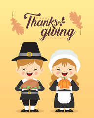 Wall Mural - Cute cartoon pilgrim couple holding pumpkin & roasted turkey isolated on yellow background. Thanksgiving day character in flat vector illustration.