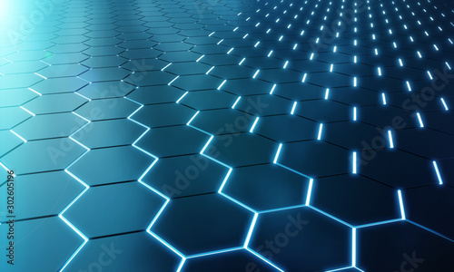 Glowing black and blue hexagons background pattern on silver metal surface 3D...