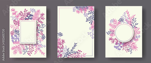 Simple herb twigs, tree branches, flowers floral invitation cards set. Herbal...