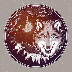 Wall Mural - Portrait of a wolf on a background of mountain landscape.Dreamy magic art. Night, nature, wicca symbol. Isolated vector illustration. Great outdoors, tattoo and t-shirt design.