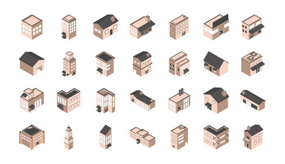 building isometric style icons set