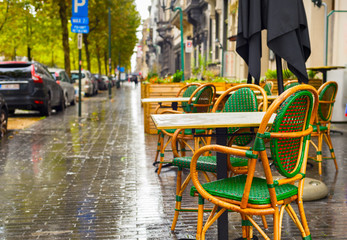 Poster - street restaurant rain Brussels, Belgium